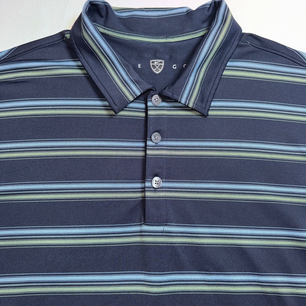 Nike Golf Dri-FIT UV Striped Polo Shirt Mens XL Navy Blue Green Short Sleeve‎